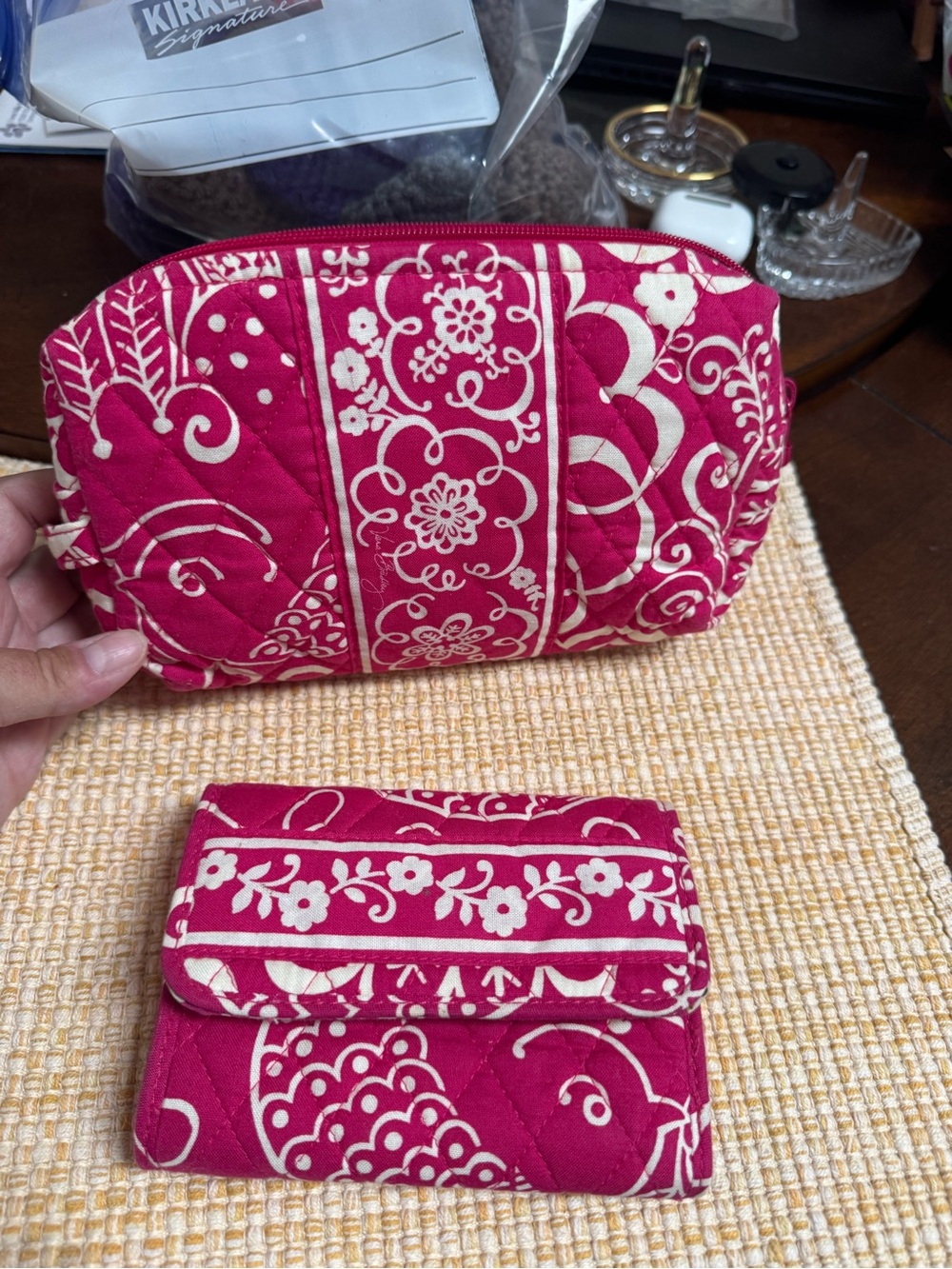 matching Vera Bradley quilted cosmetic bag and tri-fold wallet set in Pink